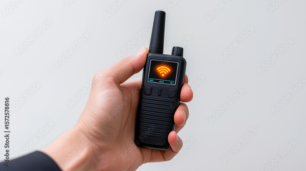 Fototapeta premium Hand holding a walkie-talkie with a glowing red signal icon on a plain background. 