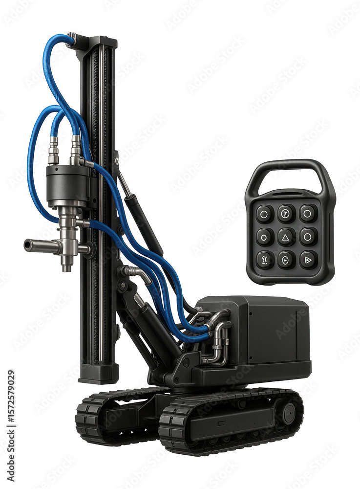 Fototapeta premium Hydraulic drilling rig with a remote control interface for enhanced safety in hazardous mining areas.