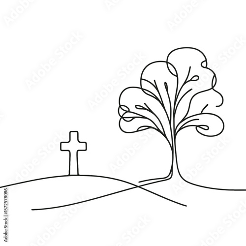 Single line drawing of graveyard tree beside cross
