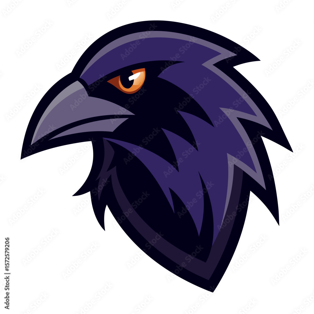 Fototapeta premium Stylized illustration of a fierce purple raven head with an orange eye