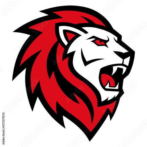 Aggressive lion head mascot with red mane and black outline