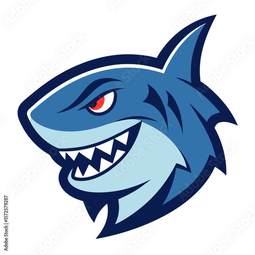 Aggressive blue shark head mascot with sharp teeth and red eye