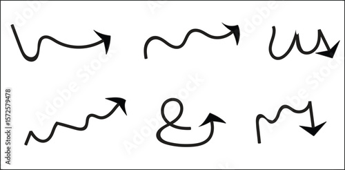 Set of Hand-Drawn Directional Arrows. A collection of sketchy, creative arrows, including wavy, curly, and curved styles. Represents different paths, choices, and informal, playful movement.