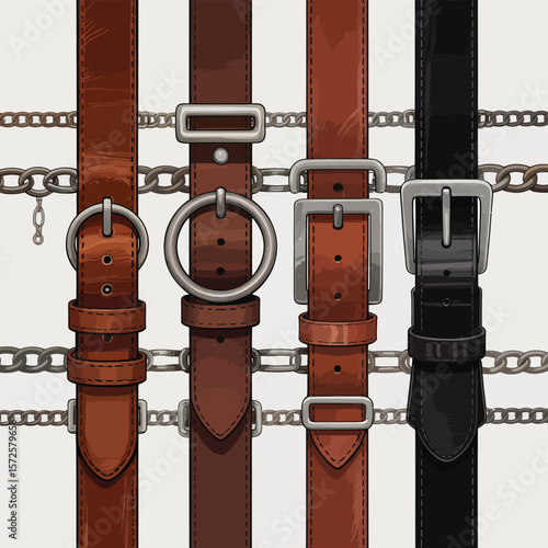  Collection of leather belts with metal buckles hanging on a chain
