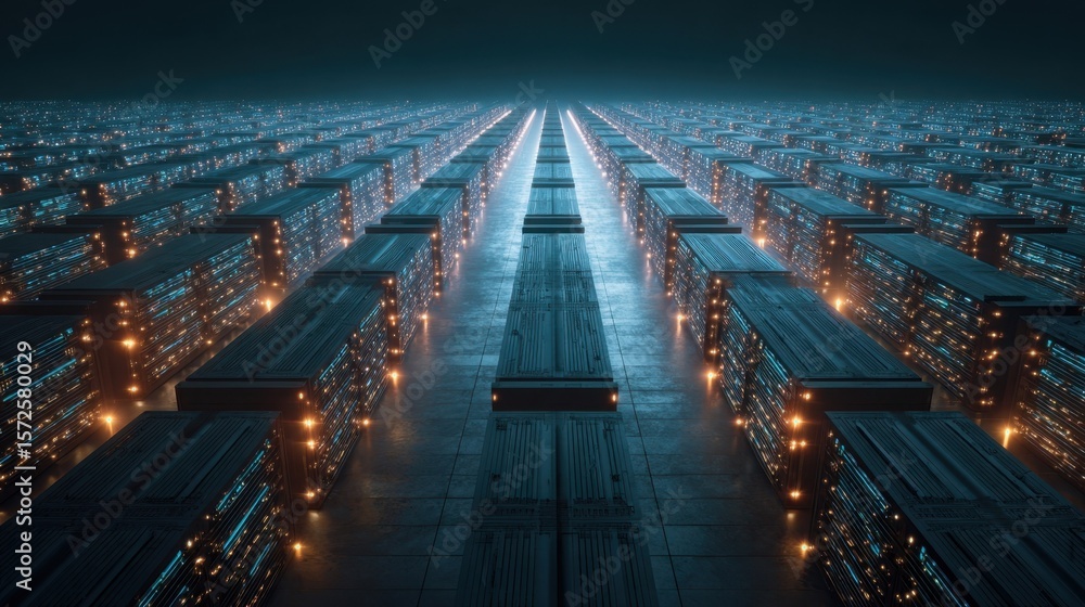 Fototapeta premium A birdseye view of a vast data center revealing neatly aligned server racks equipped with cuttingedge technology. The strategic layout and illuminated indicators emphasize efficiency