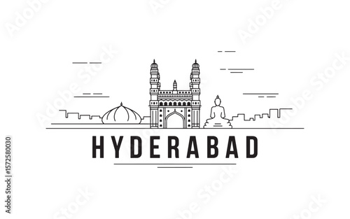 Hyderabad City Skyline Minimalist Black and White Illustration A Modern Depiction of Indian Landmarks in Outline Style