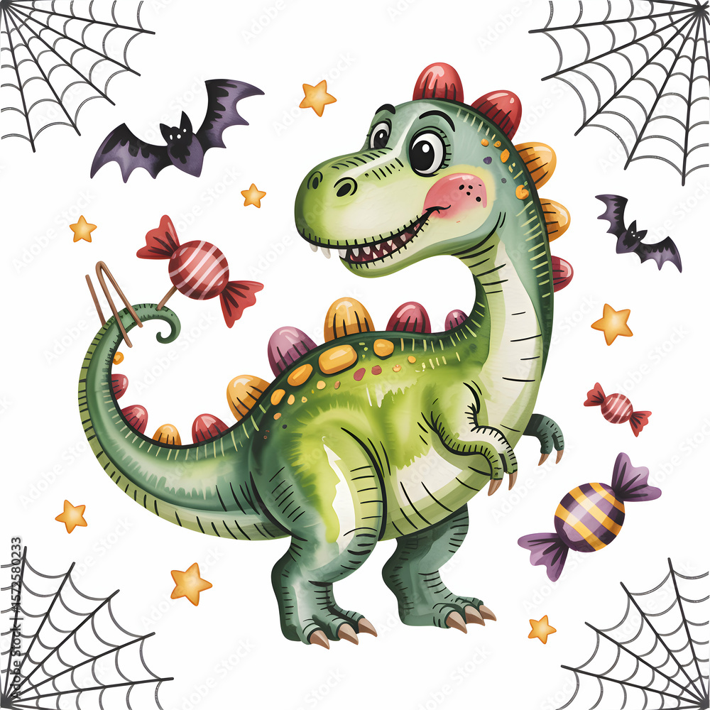Naklejka premium Cute dinosaur girl surrounded by candies and bats against a Halloween backdrop in cheerful colors Generative AI
