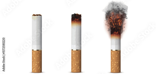  Three cigarettes in different stages of burning showing progression of smoking