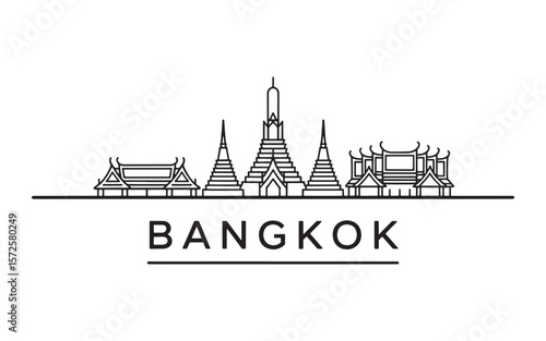Minimalist Bangkok Skyline Depiction Featuring Iconic Landmarks and Architectural Outlines in Black and White Style Perfect for Travel and Design