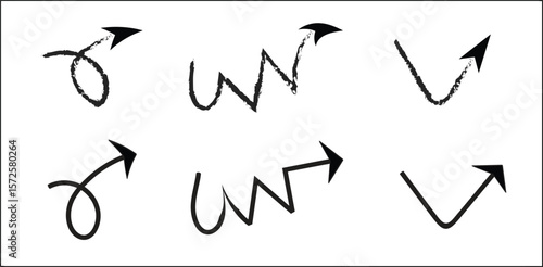 Hand-Drawn Scribble Arrows. Two messy, wavy arrows pointing right. Fun, chaotic, and creative sketch style for informal presentations, kid-friendly designs, or showing a frantic path.