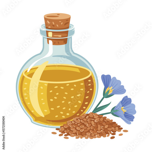  Glass bottle of golden flaxseed oil with flax seeds and blue flowers