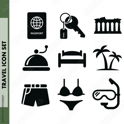 Travel icons set including bed passport palm keys dive gear swimwear for holiday planning