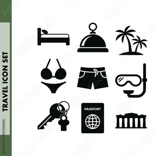 Travel icons set including bed passport palm keys dive gear swimwear for holiday planning