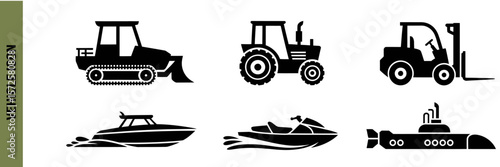 Silhouette icons of  different vehicles including land and water transport options collection