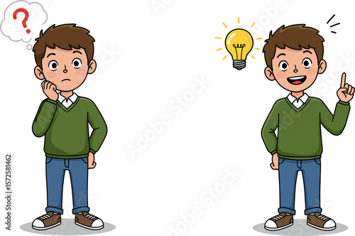 Boy Thinking with Question Mark and Happy with Light Bulb Illustrating Idea Process