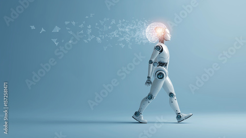 Humanoid robot with glowing brain walks forward, symbolizing AI in education and lifelong learning. digital particles emanating from its head suggest innovation and skilling gap solutions