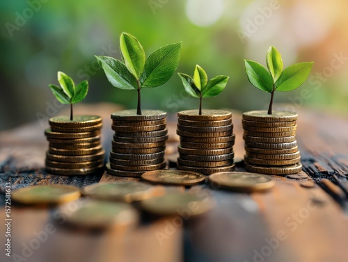 Stacks of coins with growing plants interest rates and dividends retirement Compensation fund Bank monetary policy