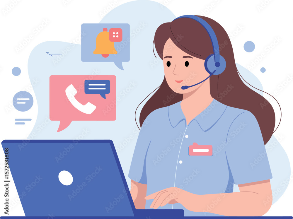 Illustration of a woman with a headset working on a laptop with notification and call icons
Illustration of a woman with a headset working on a laptop with notification and call icons