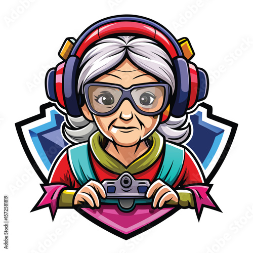 Elderly gamer with headphones and controller