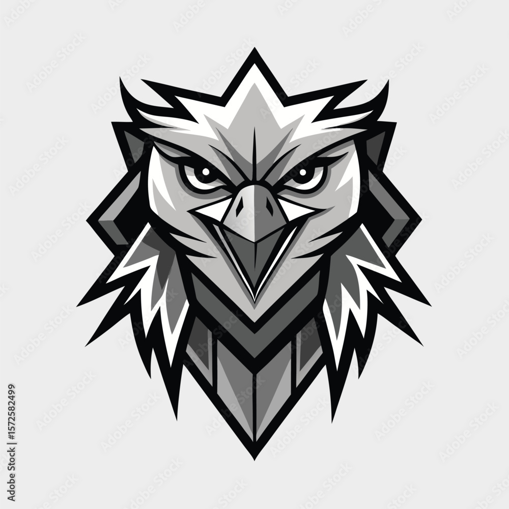 Fototapeta premium The imposing grey stylized eagle mascot gazes intensely with powerful, geometric plumage displayed