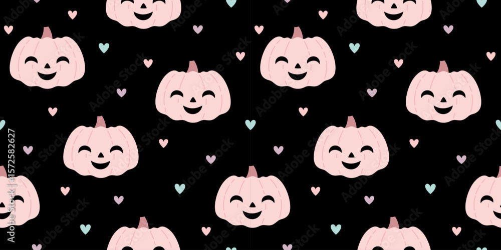 Fototapeta premium Pink Halloween pumpkin seamless pattern. Spooky seasonal, Scary, Horror, Happy Halloween vector background.