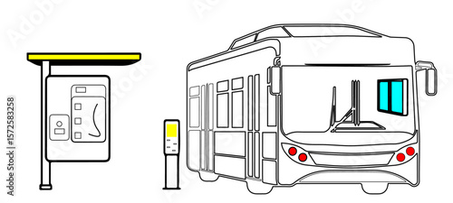 Line Art Icons of AI Transport: Digital Bus Stops, Smart Routes & Face Scans tram isolated on white
