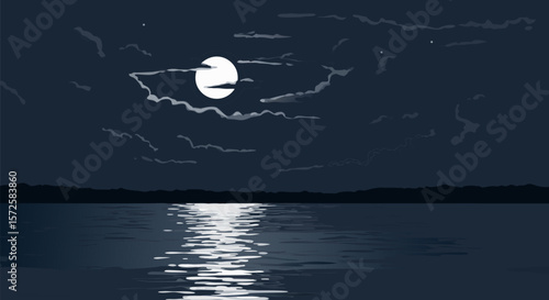 Moonlit scene reflecting over a serene lake on a peaceful night, with clouds drifting across the dark sky