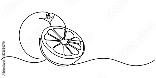 Orange continuous single line drawing. One line art orange fruit vector illustration, Continuous one line drawing of orange fruit, Orange fruit in continuous line art drawing style, Single outline. 