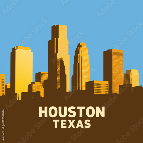 Vector cityscape art presents the skyline of Houston Texas, a vibrant and growing metropolis with iconic architecture.