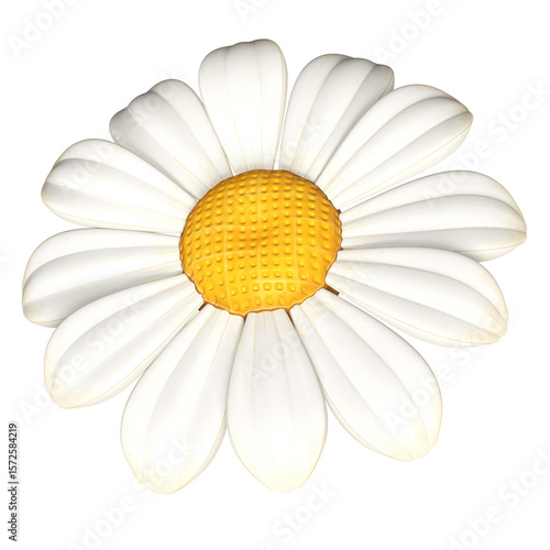 A vibrant 3D rendering showcases a stylized daisy with bright white petals radiating from a textured, sunny yellow center.