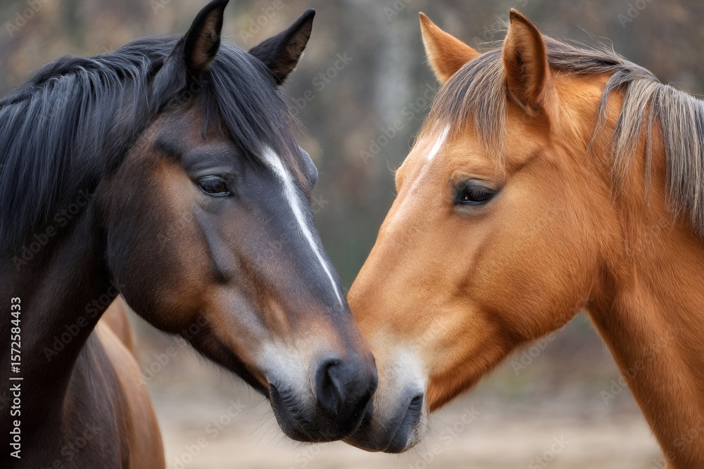 Fototapeta premium Two horses showing affection by touching noses