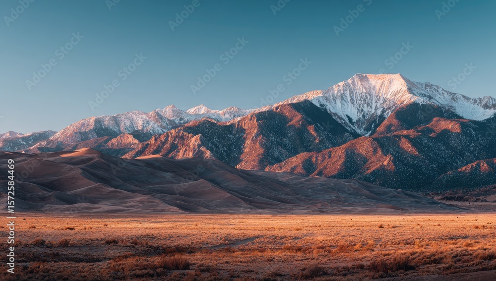 Naklejka premium Sunrise over snow-capped mountains and dunes