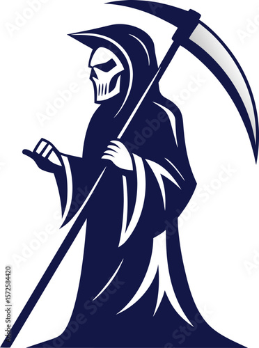 Stylized grim reaper with scythe and pointing finger in dark blue and white