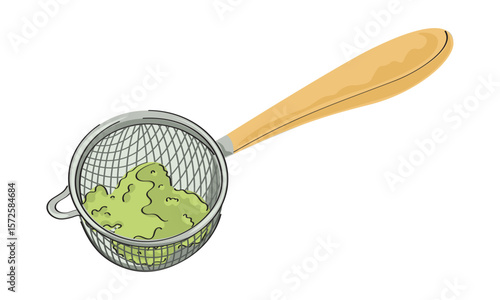 Hand drawn matcha powder in metal strainer with wooden handle on white background