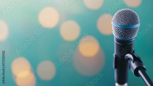 Professional microphone on stand with sparkling bokeh background for audio recording live performance public speaking communication technology device music studio equipment
