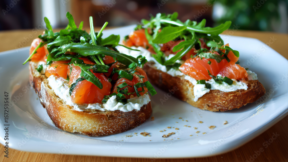 Delicious salmon toast with fresh greens served Delicious salmon toast with fresh greens served