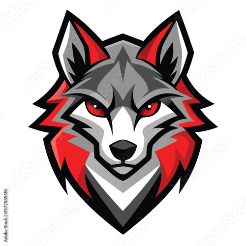 Gray wolf head stares fiercely with sharp red eyes within a stylized design