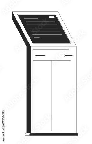 Interactive touchscreen self service kiosk terminal 2D line object. Check-in touch screen display device. Bank technology isolated clipart vector ink outline item. Monochrome spot illustration