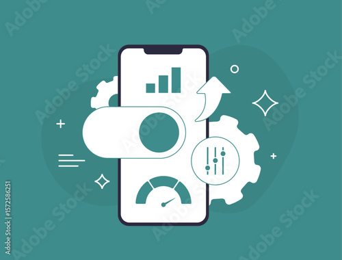 Mobile app optimization concept with AI sliders, analytics dashboard, speed meter and gear icons. Performance analytics, UX automation and AI personalization. Mobile app optimization illustration
