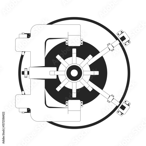 Circular bank vault wheel 2D line object. Armored lock safe steel door with locking mechanisms. Secure banking protection isolated clipart vector ink outline item. Monochrome spot illustration