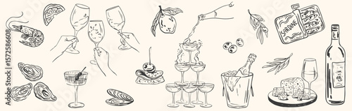Hand drawn mediterranean food and drinks. Sketch chalk style lunch or dinner for wedding invitations, cafe or restaurant menus and parties. La dolce vita italian sicily vector illustrtion
