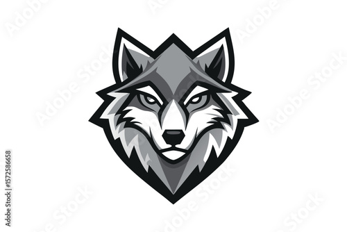 Striking monochrome wolf head showcases a bold and determined expression with geometric and stylized lines