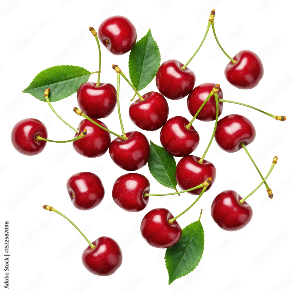 Deep red, plump, glossy cherries with bright green stems and vibrant leaves, artfully scattered on a transparent background with ample negative space, sharp focus, UHD studio shot. Concept of natural Deep red, plump, glossy cherries with bright green stems and vibrant leaves, artfully scattered on a transparent background with ample negative space, sharp focus, UHD studio shot. Concept of natural