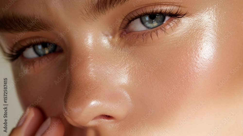 Clean skin close up beauty glowing natural fresh healthy face blue eye soft light highlighting smooth texture makeup free eyebrow natural glow smooth texture close up face blue eye healthy fresh skin