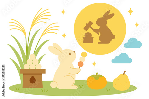 月を見ながら団子を食べるうさぎのイラスト