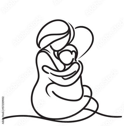 Continuous line drawing of mother and baby. Mother hugs baby sketch