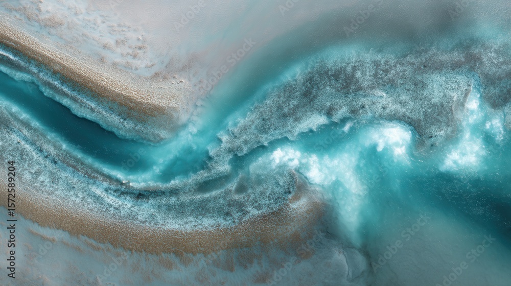 Fototapeta premium Turquoise river flows towards the sea as a beautiful nature scene with white clouds showing the power of water.