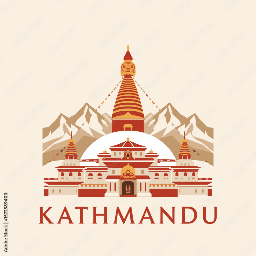 custom made wallpaper toronto digitalDetailed vector of Kathmandu with Buddhist stupa, mountains and traditional Nepalese architecture. Spiritual and cultural scene
