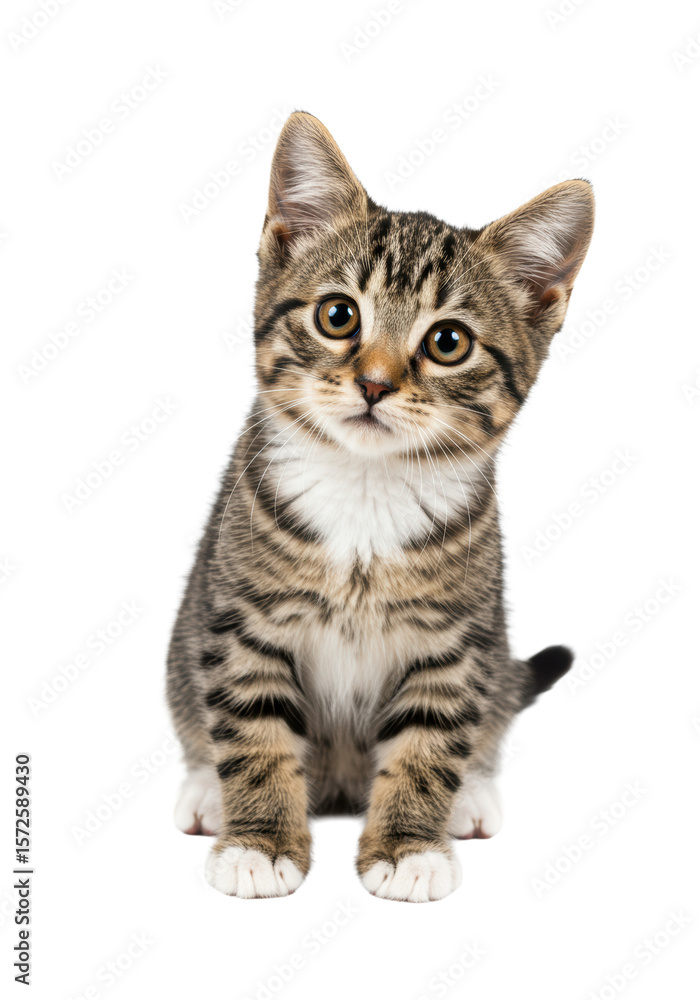 A cute young brown tabby and white domestic shorthair kitten with wide curious brown eyes and tilted head, looking at camera, on a clean white background with copy space and bright studio lighting, A cute young brown tabby and white domestic shorthair kitten with wide curious brown eyes and tilted head, looking at camera, on a clean white background with copy space and bright studio lighting,