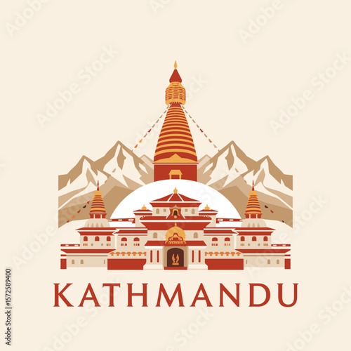 Wallpaper Mural Detailed vector of Kathmandu with Buddhist stupa, mountains and traditional Nepalese architecture. Spiritual and cultural scene Torontodigital.ca